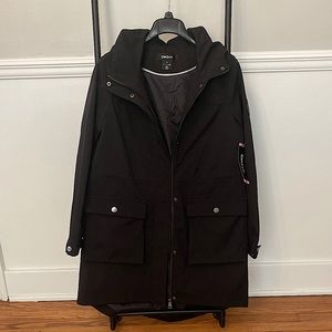 DKNY Hooded Parka Jacket - Black, Size SMALL